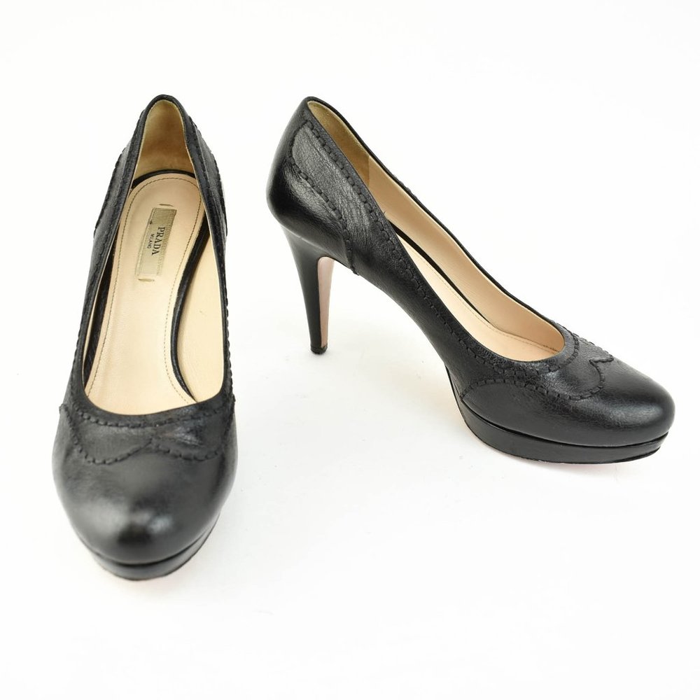 PRADA: Black, Leather Brogue Detail Pumps/Heels 4” H